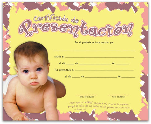Certificado de Presentacion Niña - Pack x 20